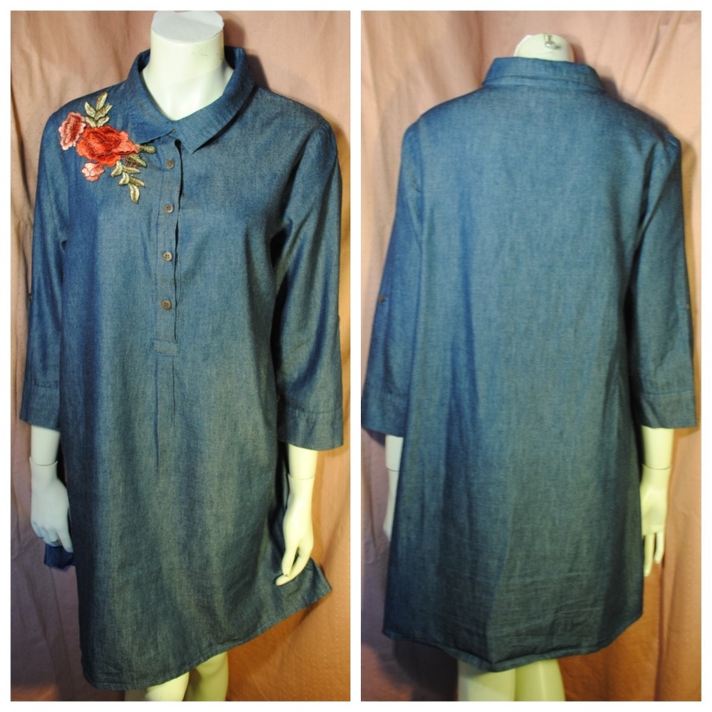 Embroidered Rose Denim Jean Chambray Tunic Dress